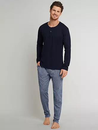 SCHIESSER | Pyjama Langamshirt Dunkelblau | weiss