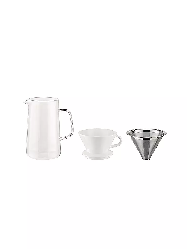 ALESSI | Kaffee Set 3-tlg SLOW COFFEE Glas/Weiss/Edelstahl | transparent