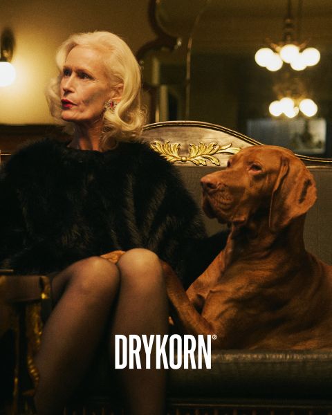 Eine elegante ältere Frau mit platinblondem Haar und einem schwarzen Pelzmantel sitzt auf einem alten Sofa neben einem großen braunen Hund. Das Wort "DRYKORN" ist am unteren Rand des Bildes zu lesen. Die warme Beleuchtung sorgt für eine luxuriöse Atmosphäre.
