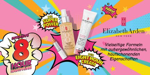 Farbenfrohe Werbung von Elizabeth Arden mit Hautpflegeprodukten vor einem lebendigen Hintergrund im Comic-Stil mit deutschem Text, der „Super Power“, „8 Hour Cream“ und „Intensive Skincare“ hervorhebt.