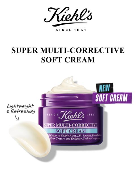 Ein lilafarbenes Gefäß mit Kiehl's Super Multi-Corrective Soft Cream, obenauf ein Klecks Creme. Neben einer Cremeprobe steht „Lightweight & Refreshing“. Neben „Soft Cream“ steht ein „Neu“-Etikett.