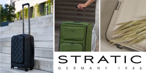 Collage von Stratic-Gepäck mit einem schwarzen gesteppten Koffer auf einer Treppe, einer Person, die einen grünen Koffer hält, und einer Nahaufnahme eines beigen Koffers mit Weizenhalmen. Das Logo unten lautet „STRATIC GERMANY 1946“.