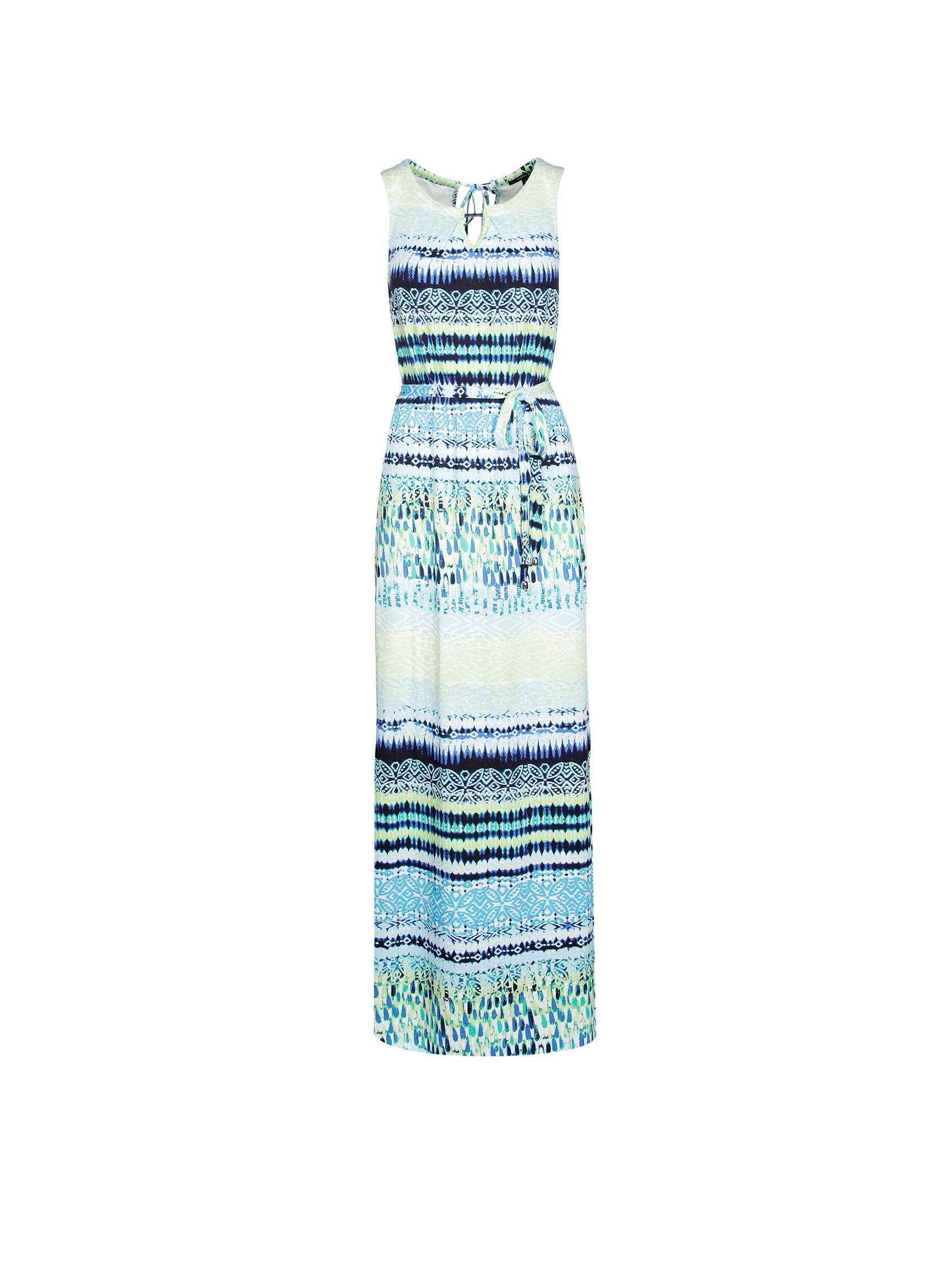 Ein ärmelloses Maxikleid mit einem mehrfarbigen Muster in Blau-, Grün- und Weißtönen. Es verfügt über einen runden Ausschnitt, ein Bindedetail an der Taille und einen fließenden Rock.