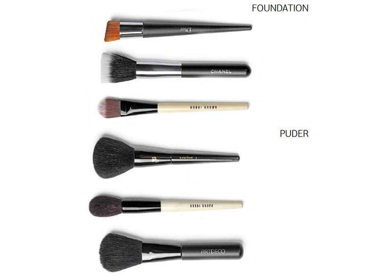 Ein Bild, das eine Reihe von fünf horizontal angeordneten Make-up-Pinseln zeigt. Der oberste Pinsel trägt die Aufschrift „Foundation“, während die anderen vier darunter die Aufschrift „Puder“ tragen. Jeder Pinsel hat eine andere Größe und einen anderen Stil.
