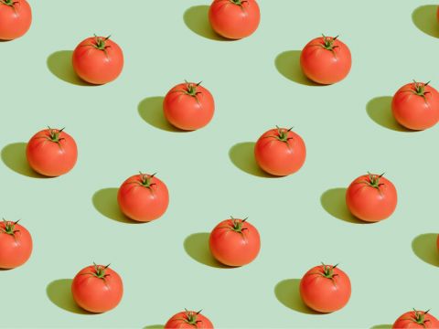 Gemustertes Bild reifer roter Tomaten, gleichmäßig angeordnet auf einem hellgrünen Hintergrund. Jede Tomate wirft einen Schatten und verleiht der Komposition Tiefe und Kontrast.