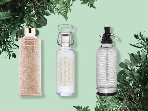 Drei Glasflaschen sind vor einem grünen Hintergrund mit Blattdekorationen zu sehen. Die linke Flasche hat eine Korkhülle, die mittlere ein geometrisches Design und die rechte Flasche ist mit einer Metallgitterabdeckung und einem Soda-Siphon-Verschluss versehen.