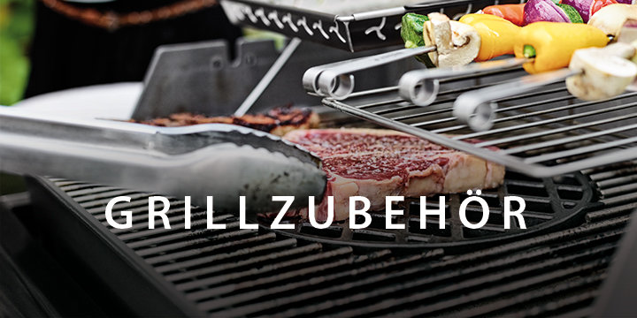 Nahaufnahme eines Grills, auf dem verschiedene Gemüsesorten und ein Steak gegart werden. Das Wort „GRILLZUBEHÖR“ ist in fetten Buchstaben über das Bild gelegt.