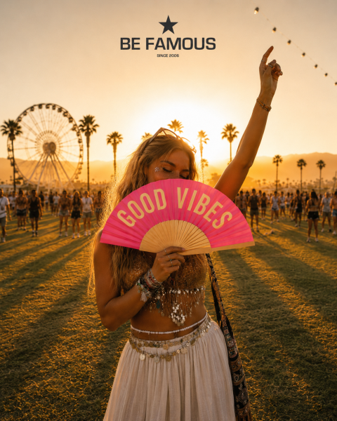 Eine Frau auf einem Festival hält einen rosa „GOOD VIBES“-Fächer in der Hand, im Hintergrund sind ein Riesenrad, Palmen und ein Sonnenuntergang zu sehen. Oben steht der Schriftzug „BE FAMOUS“.