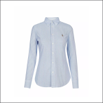 Hellblau-weißes, vertikal gestreiftes Button-Down-Hemd mit langen Ärmeln und Kragen, mit einem kleinen gestickten Logo auf der linken Brust.
