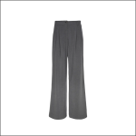 Graue Hose mit hoher Taille und weitem Bein, mit Bundfalten und Knopfverschluss, auf weißem Grund.