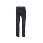 Ein Paar dunkelblaue Denim-Jeans mit gelben Nähten, fünf Taschen und einem Knopfverschluss, dargestellt vor einem weißen Hintergrund.