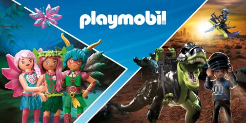 Bunte Playmobil-Figuren in Fantasy- und futuristischen Umgebungen. Links feenhafte Figuren mit Flügeln und Blumen. Rechts eine Figur, die auf einem Dinosaurier reitet, eine andere in einem futuristischen Anzug. Das Playmobil-Logo ist oben zentriert.