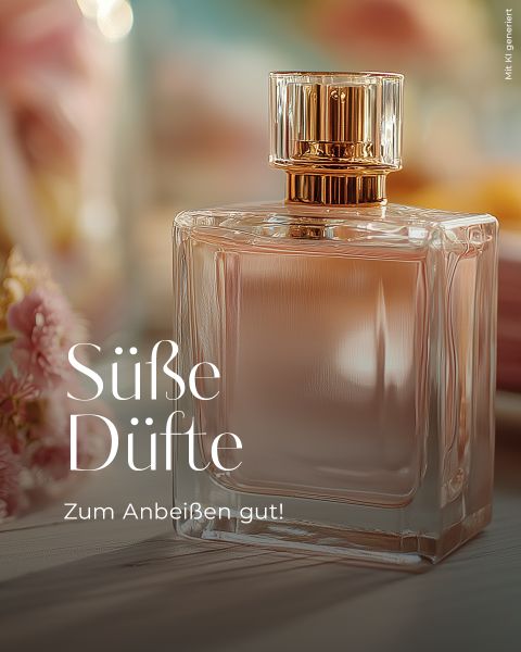 Ein gläserner Parfümflakon mit einem goldenen Verschluss steht auf einem Tisch, umgeben von zartrosa Blumen. Der Text auf dem Bild lautet: "Süße Düfte - Zum Anbeißen gut!" in eleganter weißer Schrift.