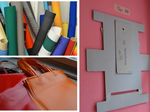 Eine Collage aus drei Bildern: Oben links sind bunte Stoffrollen zu sehen, unten links zwei orangefarbene Tragetaschen, rechts eine Mustervorlage vor einer rosa Wand.