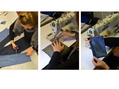 Drei Bilder, die die Schritte des Upcyclings von Jeans zeigen: Eine Person schneidet Jeansstoff zu, näht die Stücke mit einer Nähmaschine zusammen und hält das fertige Produkt, einen genähten Jeansbeutel, in der Hand.