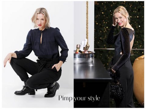 Eine Frau in zwei Modeposen. Links hockt sie in einem dunklen Outfit mit einem subtilen Lächeln. Rechts steht sie mit der Hand an der Wange und trägt ein ähnliches Outfit mit einem Rückenausschnitt. Der Text lautet „Pimp your Style“.
