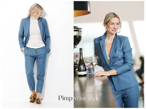 Zwei Bilder einer Person in einem schicken blauen Anzug. Links: An einer weißen Wand gelehnt, mit braunen Schuhen und Händen in den Taschen. Rechts: An einer Bar stehend, mit einem Champagnerglas in der Hand, lächelnd. Text: „Pimp your Style.“