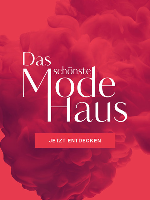 Rote Anzeige mit weißem Text „Das schönste Mode Haus“ und einem roten Button mit der Aufschrift „Jetzt entdecken“ in der Mitte. Im Hintergrund ist ein rotes, wirbelndes Wolkenmuster zu sehen.