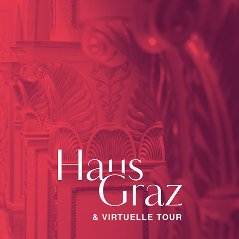 Abstraktes, rot getöntes Bild, das kunstvolle architektonische Details zeigt, darunter geschnitzte Säulen und dekorative Elemente. Der Text „Haus Graz & Virtuelle Tour“ ist deutlich in Weiß dargestellt.
