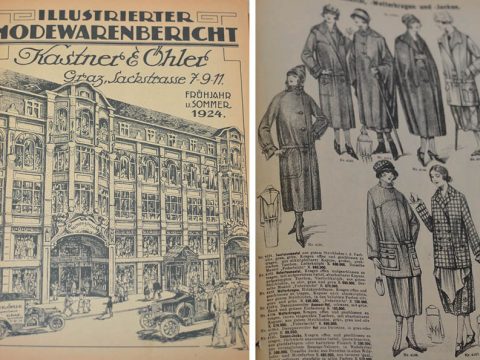 Eine Seite eines Modekatalogs aus dem Jahr 1924 mit der kunstvollen Fassade von Kastner & Öhler und Abbildungen von Frauen, die verschiedene Mäntel und Jacken vorführen. Der Text auf Deutsch beschreibt die Herbst- und Winterkollektion.