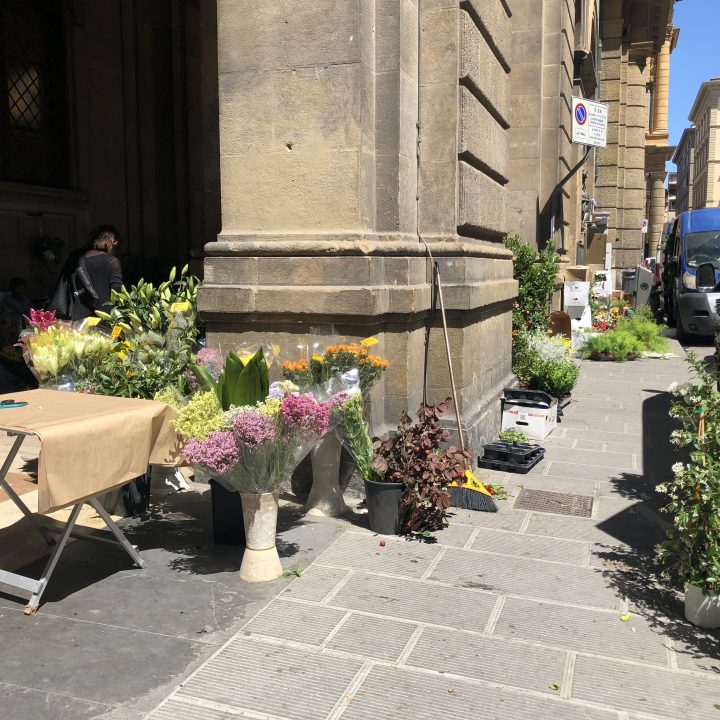 Eine Straßenmarktszene mit verschiedenen Blumen und Pflanzen auf dem Bürgersteig. Eimer und Töpfe halten bunte Blüten und Grünpflanzen vor dem Hintergrund eines Steingebäudes. Ein Mann geht vorbei und ein Lieferwagen ist in der Nähe geparkt.