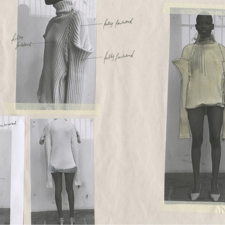 Collage aus Modedesigns mit einem Pulloverkleid. Die Bilder zeigen verschiedene Ansichten: Vorder-, Rück- und Seitenansicht, mit handschriftlichen Notizen, die Details wie Länge und Textur beschreiben. Das Model trägt spitze Schuhe und steht vor einem schlichten Hintergrund.