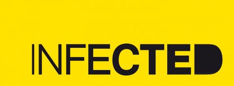 Ein fettgedrucktes schwarzes Wort „INFECTED“ auf einem leuchtend gelben Hintergrund, mit einem stilisierten, teilweise verdeckten Buchstaben „D“ am Ende.