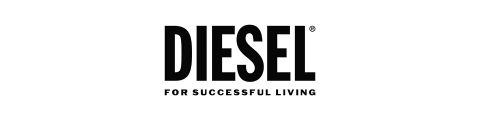 Schwarz-weißes Logo der Marke „Diesel“ mit dem Slogan „For Successful Living“ darunter in kleinerer Schrift.