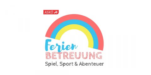 Bunter Regenbogen, darunter der Text „Ferien Betreuung“ in türkis und rot. Darunter steht „Spiel, Sport & Abenteuer“ in grau. Oben links ist das ASKÖ-Logo zu sehen.