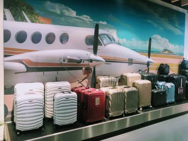 Eine Ausstellung verschiedener Koffer vor einem großen Wandgemälde mit einem weißen und braunen Flugzeug. Die Koffer sind in verschiedenen Farben und Mustern erhältlich, darunter Streifen und einfarbige, einige sind mit einem Sonderangebotsschild versehen.