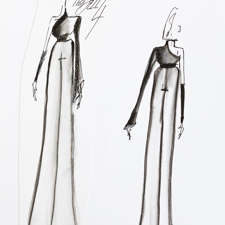 Modeskizzen von zwei schlanken Figuren in eleganten Kleidern. Jedes Kleid ist in Schwarz-Weiß-Tönen gehalten, hat einschultriges Design und lange, fließende Röcke. Die Skizzen haben einen minimalistischen und künstlerischen Stil.