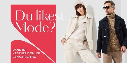 Eine Frau und ein Mann präsentieren schicke Winterkleidung, darunter einen beigen Mantel, Pullover, Hose und eine Strickmütze für die Frau und eine dunkle Jacke mit Rollkragen für den Mann. Der deutsche Text auf der linken Seite lautet: „Magst du Mode?“ und „Dann bist du bei Kastner & Öhler genau richtig.“