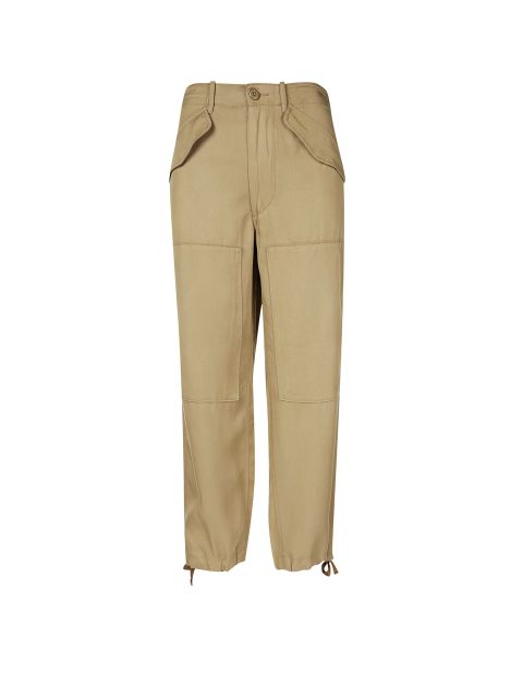Khakifarbene Cargohose mit verstellbaren Bündchen mit Kordelzug, großen Vordertaschen und Knopf- und Reißverschluss. Der Stoff ist leicht und ideal für Freizeit- oder Outdoor-Aktivitäten.