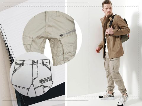 Eine Person in beiger Cargohose, passender Jacke und Turnschuhen steht vor einem hellen Hintergrund. Es gibt kreisförmige Einschübe, die eine Nahaufnahme der Hosentasche und eine Schwarzweißskizze der Hose mit Reißverschlussdetail zeigen. Ein Notizbuch ist teilweise sichtbar.