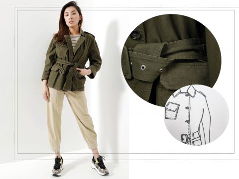 Frau in olivgrüner Jacke mit Gürtel und beiger Hose steht selbstbewusst da. Eingefügte Bilder zeigen eine Nahaufnahme der Taschendetails der Jacke und eine Strichzeichnung des Jackendesigns. Sie trägt Turnschuhe und ein gestreiftes Hemd.