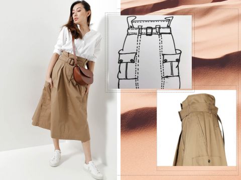 Eine Frau posiert in einem beigen Midirock mit großen Taschen, dazu eine weiße Bluse und weiße Sneakers. Das Bild enthält eine Illustration und eine Nahaufnahme des Gürtels und der Taschen des Rocks. Ein minimalistischer, sandfarbener Hintergrund verstärkt den modischen Fokus.