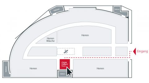 Grundriss des Geschäfts mit der Aufteilung der Herrenbekleidungsabteilungen und Umkleidekabinen. Der Eingang ist rechts mit einem roten Pfeil markiert. In der Mitte neben dem Eingang ist ein „Click & Collect/Kasse“-Bereich hervorgehoben.