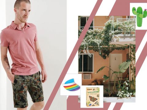 Ein Mann trägt ein rosa Poloshirt und gemusterte Shorts. Neben ihm ist eine Collage: eine Kaktusfigur, gestapelte Schalen, ein Buch mit dem Titel „Light Matters Vol. 02“ und ein Bild einer Gebäudeaußenseite mit Grünpflanzen.