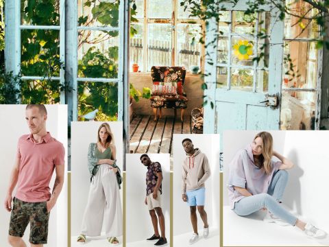 Eine Collage mit einer rustikalen Gartenszene mit einem Vintage-Fenster und einem Stuhl, umgeben von Grün. Darunter sind Models in lässiger Sommerkleidung, darunter Hemden, Shorts und Jeans, zu sehen, die vor hellen Hintergründen posieren.