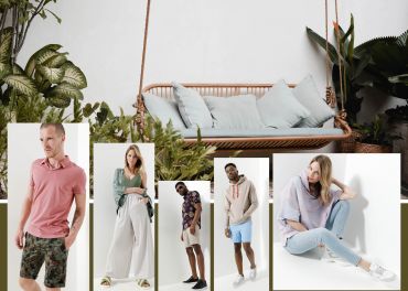 Eine Collage mit einer Holzschaukel mit Kissen, umgeben von Pflanzen und vier Personen, die legere Outfits vorführen: ein Mann in einem rosa Poloshirt, eine Frau in einer grünen Jacke, ein Mann in einem Kapuzenpullover und eine Frau in Jeans.