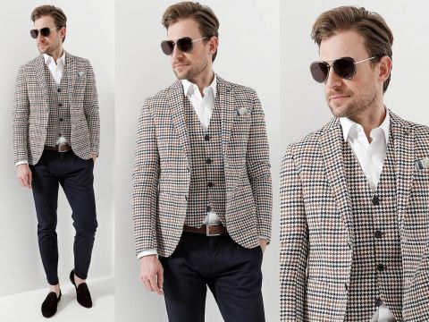 Ein Mann trägt eine Sonnenbrille, einen karierten Blazer über einer passenden Weste und einem weißen Hemd sowie eine dunkle Hose. Er posiert selbstbewusst aus drei Winkeln vor einem weißen Hintergrund.
