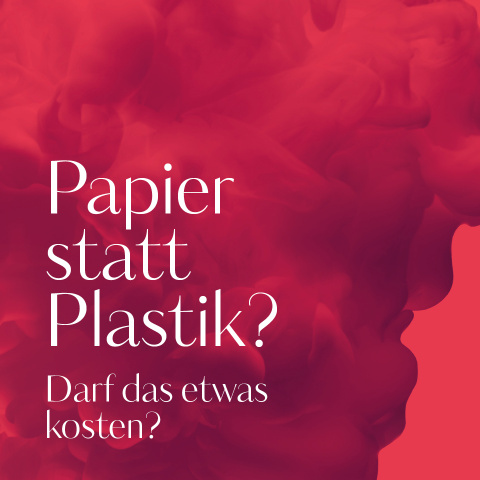 Der deutsche Text auf wirbelndem rotem Hintergrund lautet: „Papier statt Plastik? Darf das etwas kosten?“ Dies bedeutet übersetzt „Papier statt Plastik? Darf das etwas kosten?“.