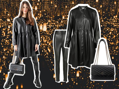 Eine Frau in einem schwarzen Lederoutfit hält eine gesteppte Handtasche mit Kettenriemen. Der Hintergrund ist voller leuchtender Lichter. Daneben sind Bilder ähnlicher Kleidungsstücke aus schwarzem Leder zu sehen, darunter ein Kleid, eine Hose und eine Handtasche.