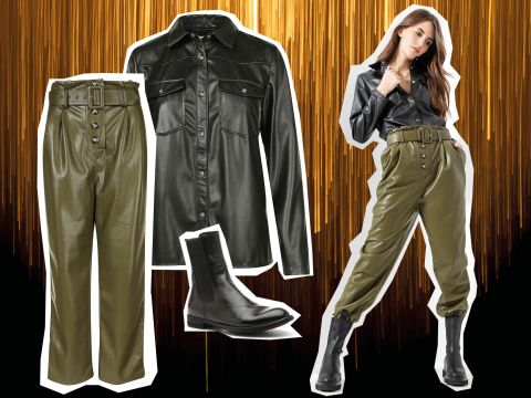 Eine Collage mit einem Model, das ein schwarzes Lederhemd, olivgrüne Hosen mit hoher Taille und schwarze Stiefel trägt. Neben dem Model sind einzelne Bilder des Hemdes, der Hose und der Stiefel auf einem goldbesetzten Hintergrund zu sehen.