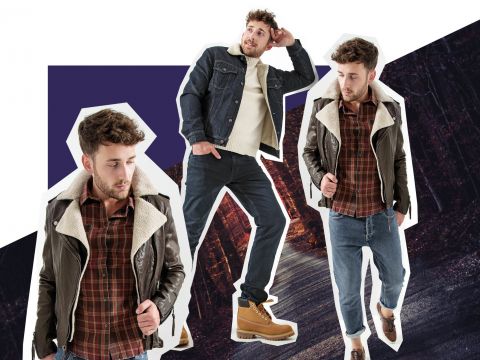 Ein Mann posiert in drei Outfits: einer Lederjacke über einem karierten Hemd, einer Jeansjacke über einem Pullover und einer braunen Lederjacke über einem karierten Hemd. Er trägt Jeans und Stiefel vor einem dunklen Waldhintergrund.