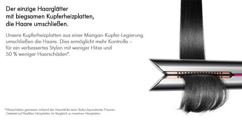 Ein Haarglätter mit flexiblen Kupferplatten umschließt eine Partie langes schwarzes Haar. Der deutsche Text hebt die Mangan-Kupfer-Legierung hervor, die ein effizientes Styling mit weniger Hitze und weniger Haarschäden ermöglicht.