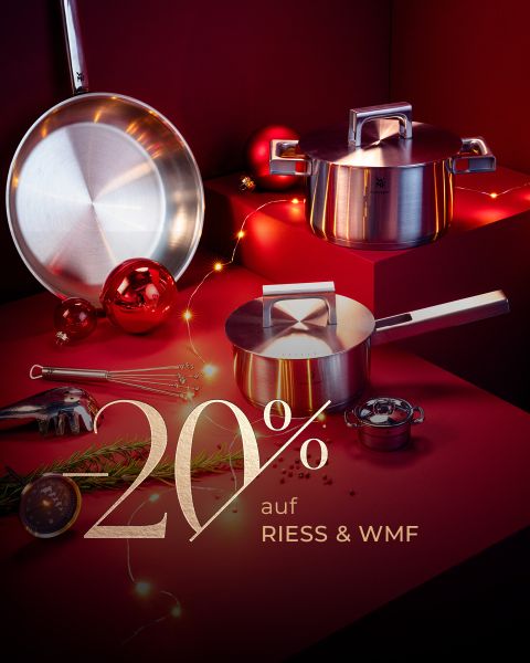 Edelstahl-Kochgeschirr von RIESS & WMF mit Weihnachtsornamenten auf rotem Hintergrund. Der Text lautet "20% auf RIESS & WMF.