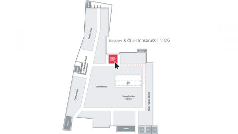 Karte von Kastner & Öhler Innsbruck, 1. Stock. Markiert den Bereich Young Fashion Damen mit einem Pfeil. Benachbarte Bereiche mit den Beschriftungen Damenmode, Kassen und andere interessante Punkte.