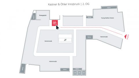 Grundriss von Kastner & Öhler Innsbruck, 2. OG. Markierter Bereich zeigt „Click & Collect Innsbruck“. Abteilungen sind Reisegepäck, Herrenmode und Young Fashion Herren. Pfeil zeigt rechts zum „Ausgang“.