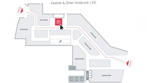 Grundriss von Kastner & Öhler Innsbruck mit den Wegen zu den einzelnen Bereichen: Accessoires, Infoterminals, Damenmode und ein hervorgehobener Bereich für „Glock Cabinet Kober“. Eingänge und Aufzüge sind zur Orientierung gekennzeichnet.